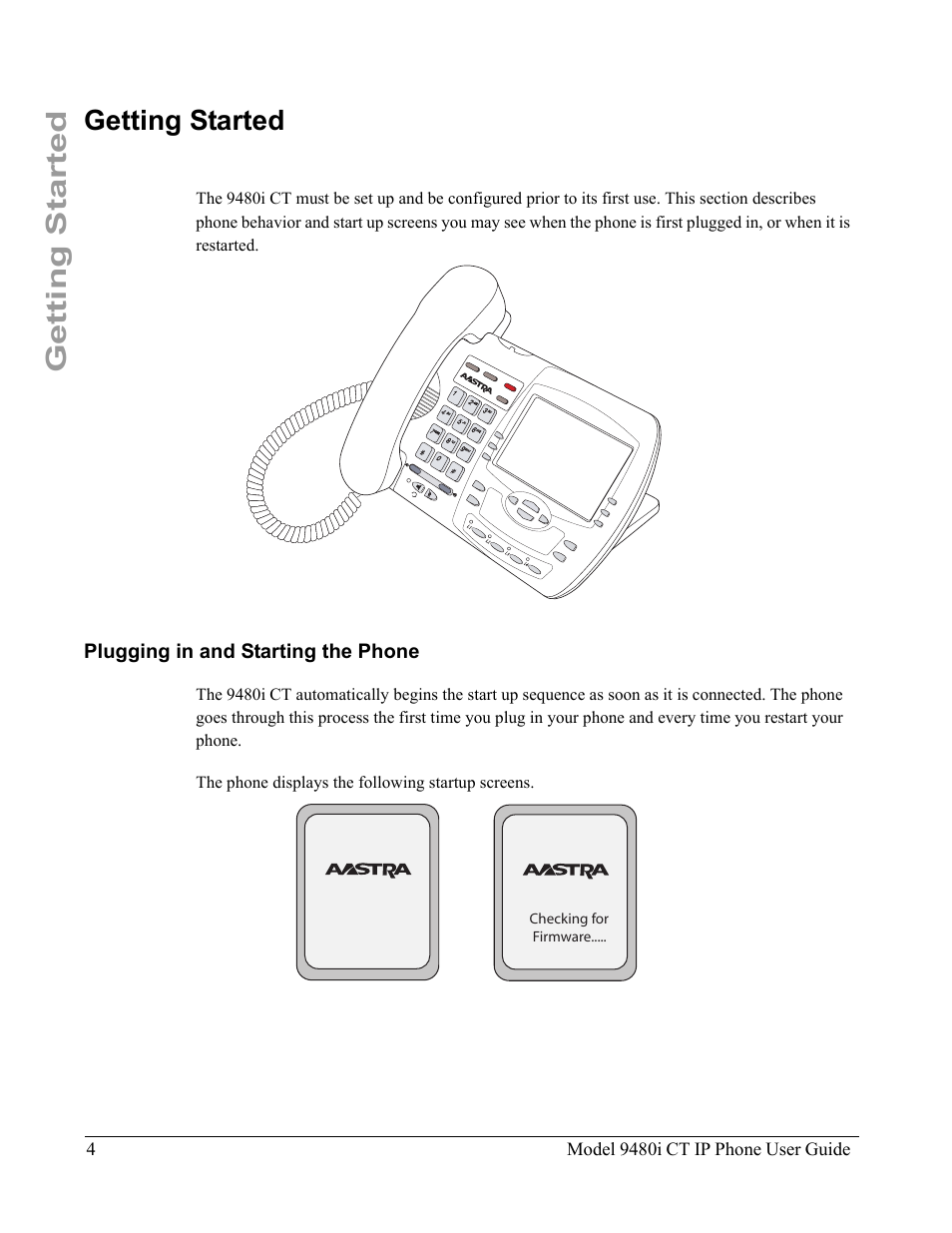 Getting started, Plugging in and starting the phone | Aastra Telecom 9480i CT User Manual | Page 14 / 290