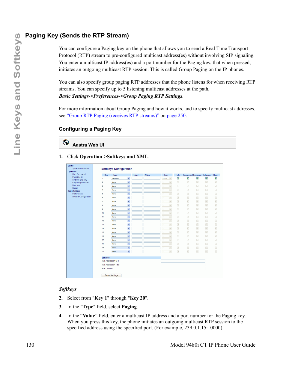 Paging key (sends the rtp stream), Configuring a paging key, Line keys and softkeys | Aastra Telecom 9480i CT User Manual | Page 140 / 290