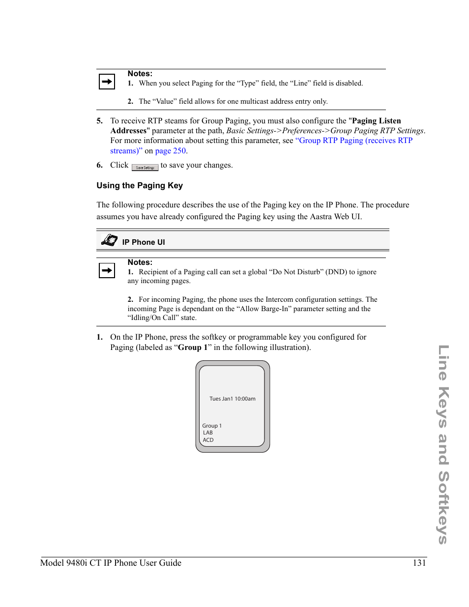 Using the paging key, Line keys and softkeys | Aastra Telecom 9480i CT User Manual | Page 141 / 290