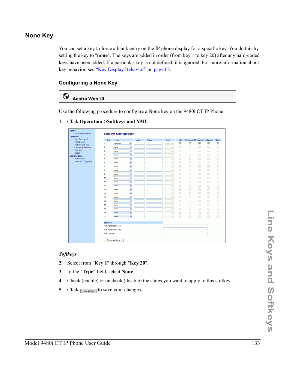 None key, Configuring a none key, Line keys and softkeys | Aastra Telecom 9480i CT User Manual | Page 143 / 290