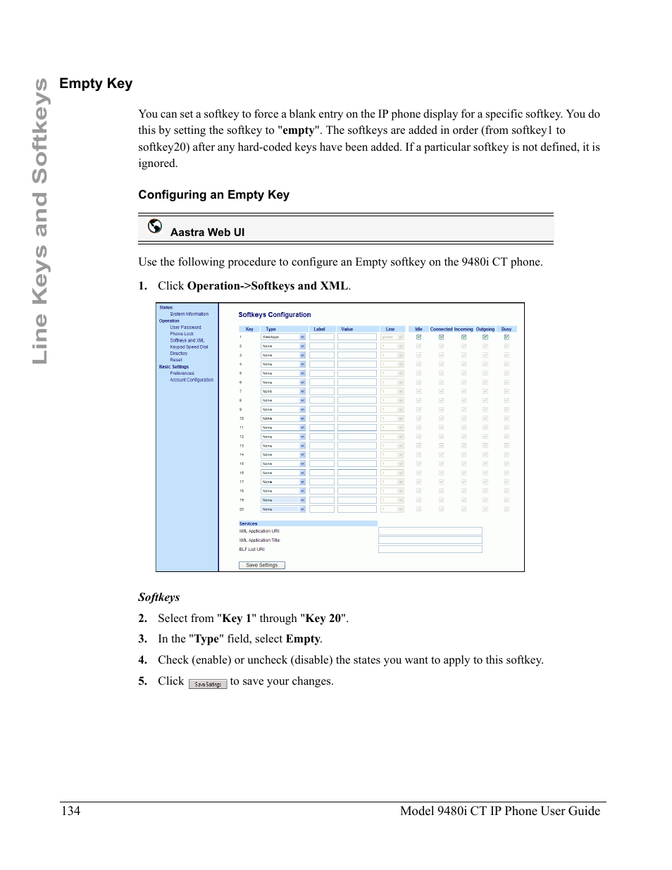 Empty key, Configuring an empty key, Line keys and softkeys | Aastra Telecom 9480i CT User Manual | Page 144 / 290