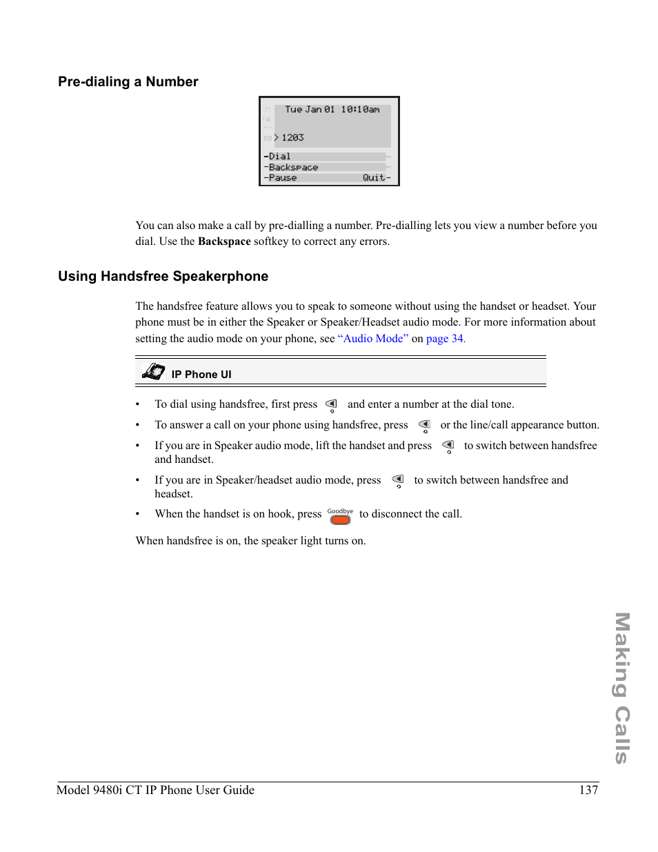 Pre-dialing a number, Using handsfree speakerphone, Pre-dialing a number using handsfree speake | Making calls | Aastra Telecom 9480i CT User Manual | Page 147 / 290