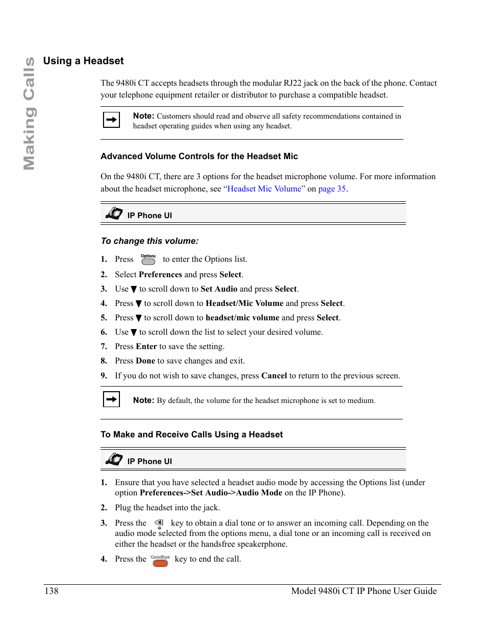 Using a headset, Advanced volume controls for the headset mic, To change this volume | To make and receive calls using a headset, Making calls | Aastra Telecom 9480i CT User Manual | Page 148 / 290
