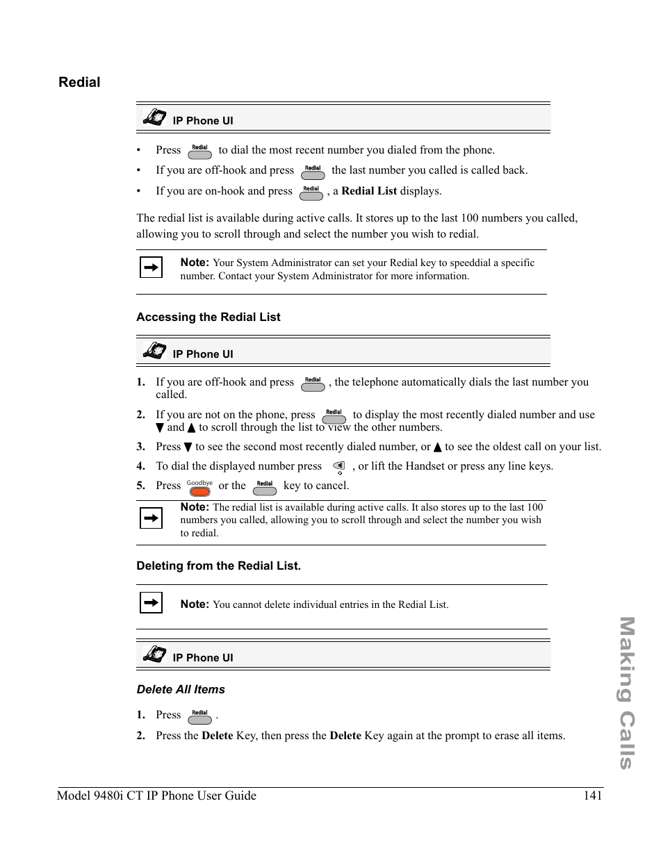 Redial, Accessing the redial list, Deleting from the redial list | Delete all items, Making calls, Model 9480i ct ip phone user guide | Aastra Telecom 9480i CT User Manual | Page 151 / 290