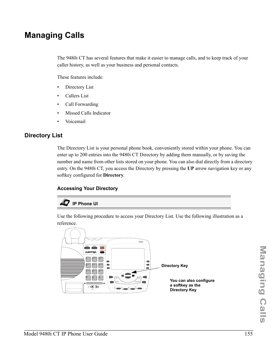 Managing calls, Directory list, Accessing your directory | Model 9480i ct ip phone user guide, Ip phone ui | Aastra Telecom 9480i CT User Manual | Page 165 / 290