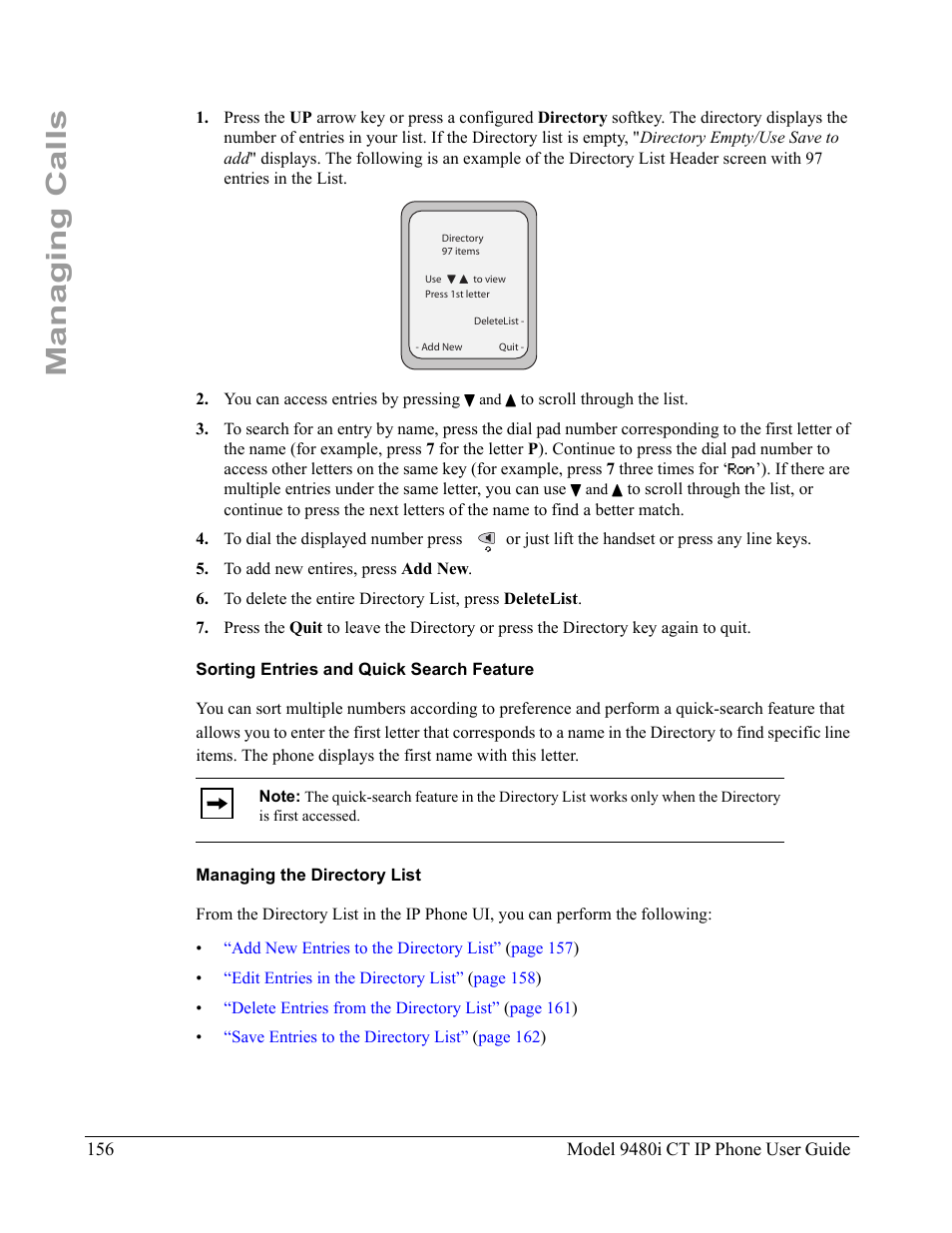 Sorting entries and quick search feature, Managing the directory list, Managing calls | Aastra Telecom 9480i CT User Manual | Page 166 / 290