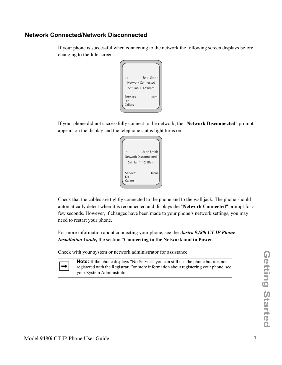 Network connected/network disconnected, Getting started, Model 9480i ct ip phone user guide | Aastra Telecom 9480i CT User Manual | Page 17 / 290