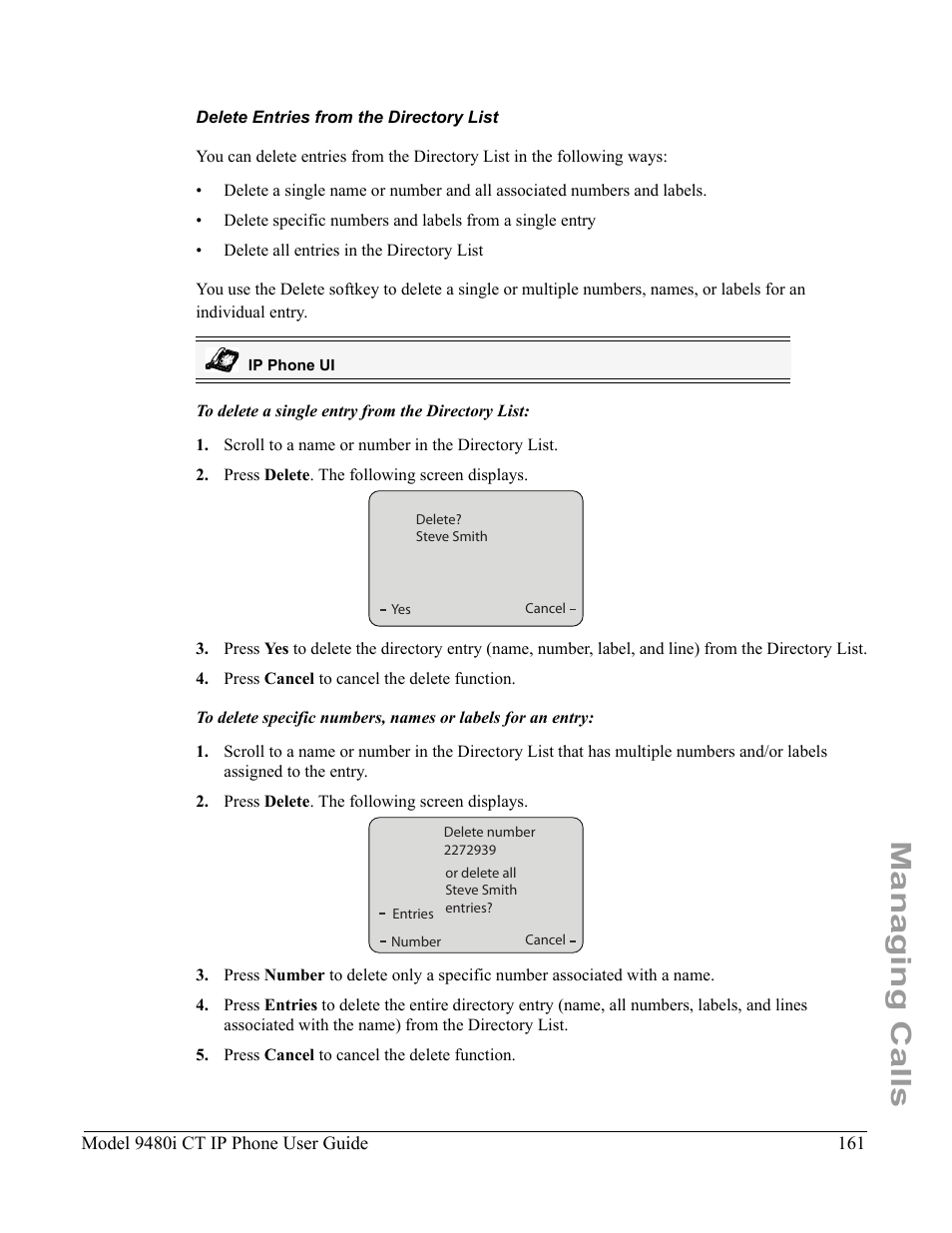 Delete entries from the directory list, Managing calls | Aastra Telecom 9480i CT User Manual | Page 171 / 290