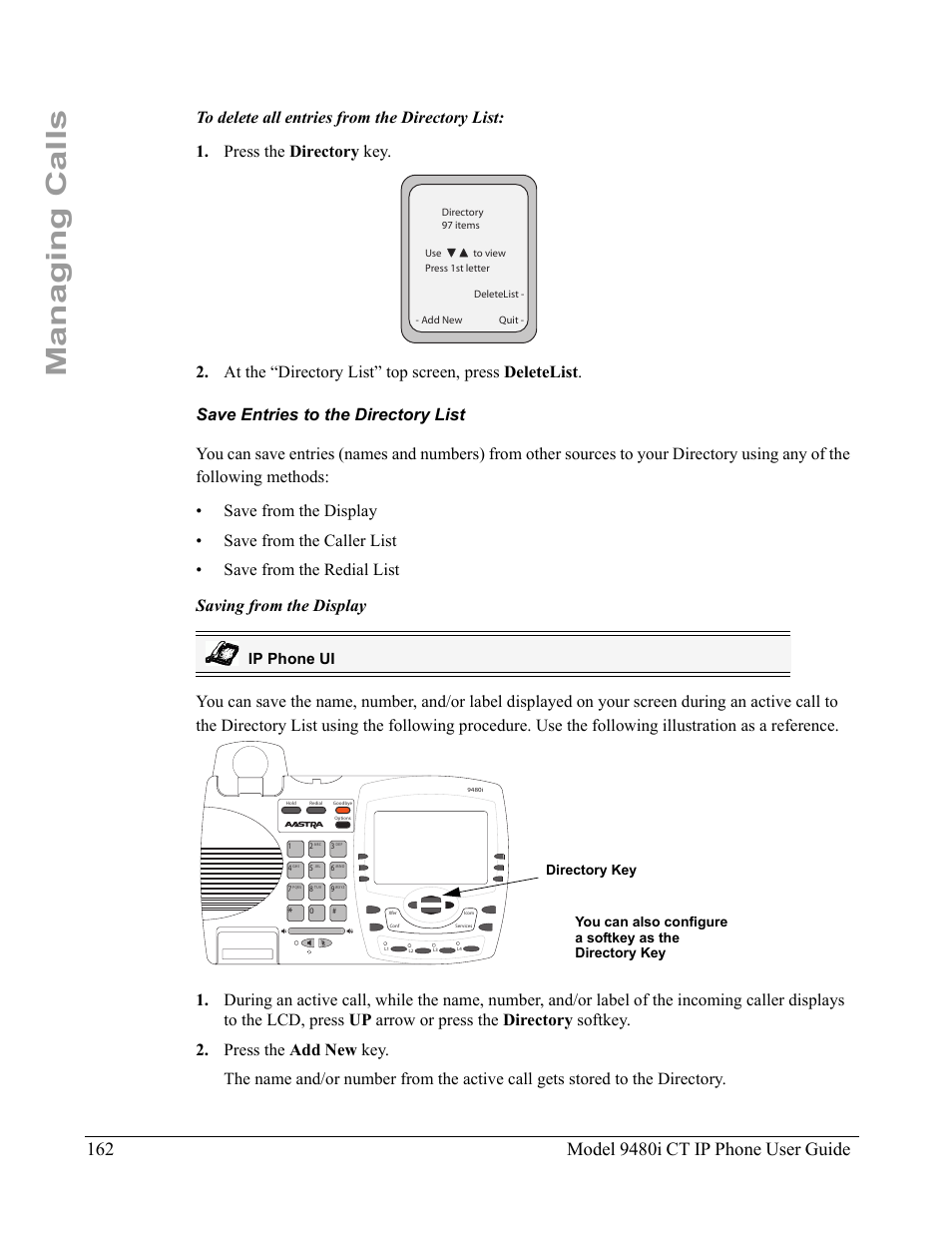 Save entries to the directory list, Managing calls, Ip phone ui | Aastra Telecom 9480i CT User Manual | Page 172 / 290
