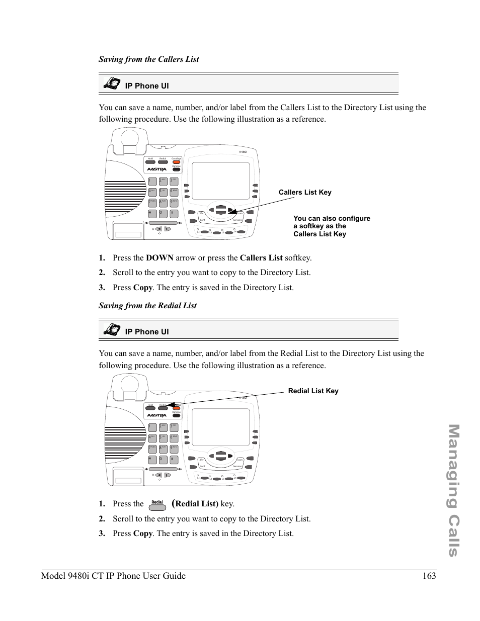 Managing calls, Model 9480i ct ip phone user guide, Ip phone ui | Redial list key | Aastra Telecom 9480i CT User Manual | Page 173 / 290