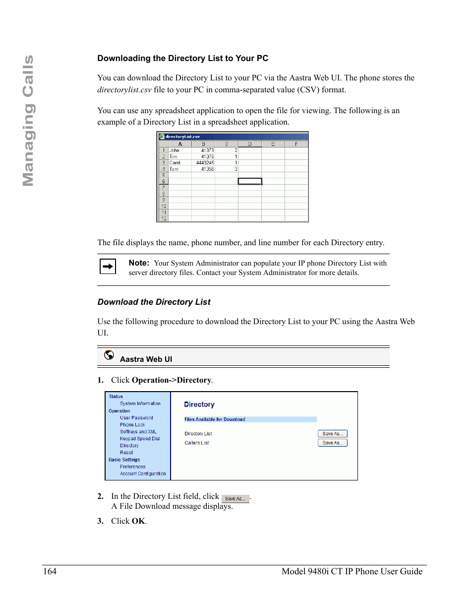 Downloading the directory list to your pc, Download the directory list, Managing calls | Aastra Telecom 9480i CT User Manual | Page 174 / 290