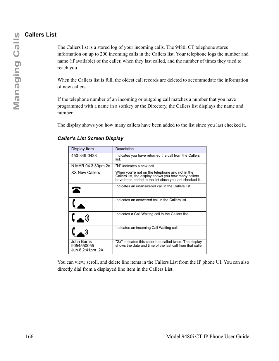 Callers list, Caller’s list screen display, Managing calls | Aastra Telecom 9480i CT User Manual | Page 176 / 290
