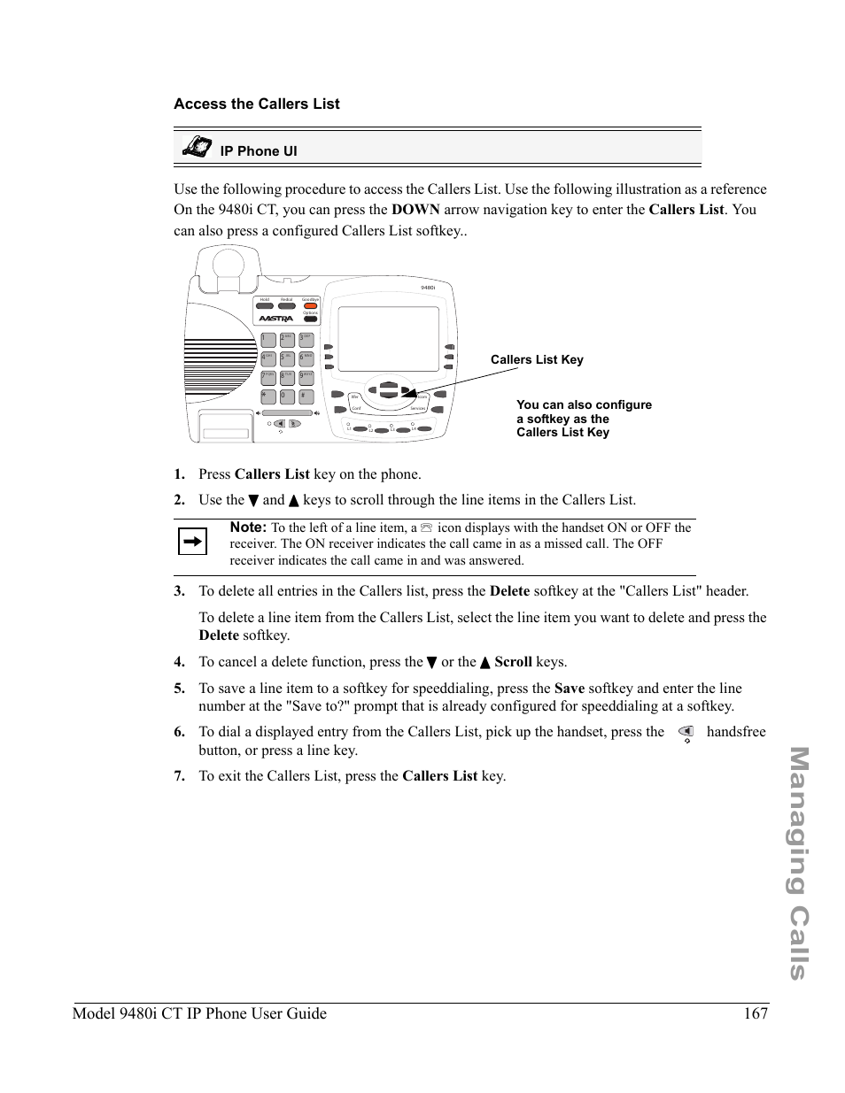 Access the callers list, Managing calls, Model 9480i ct ip phone user guide | Ip phone ui | Aastra Telecom 9480i CT User Manual | Page 177 / 290