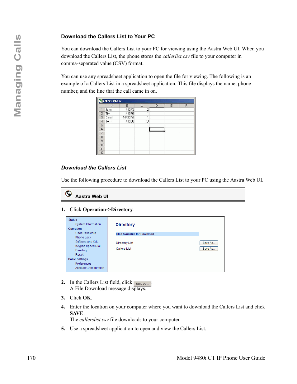 Download the callers list to your pc, Download the callers list, Managing calls | Aastra Telecom 9480i CT User Manual | Page 180 / 290