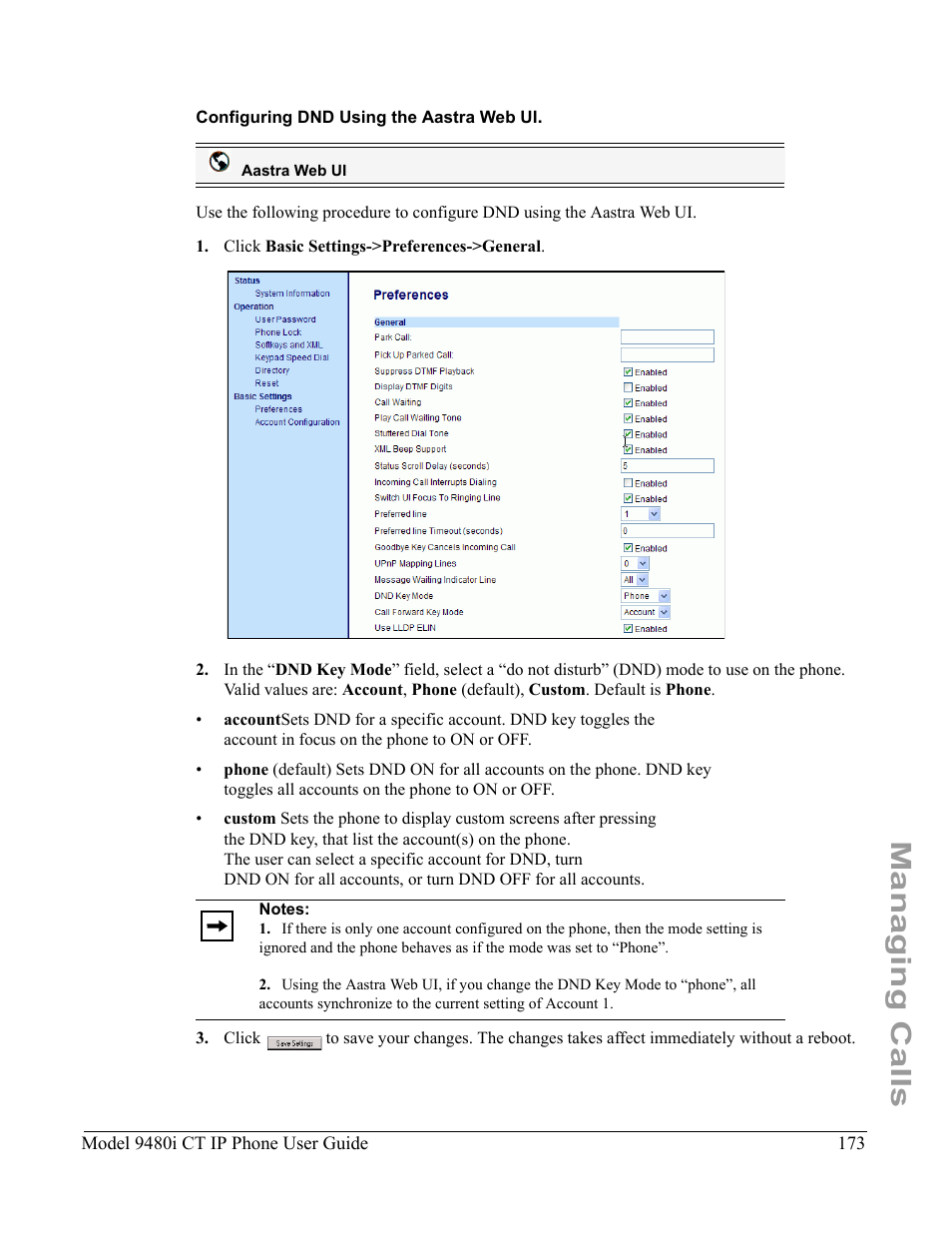 Configuring dnd using the aastra web ui, Managing calls | Aastra Telecom 9480i CT User Manual | Page 183 / 290