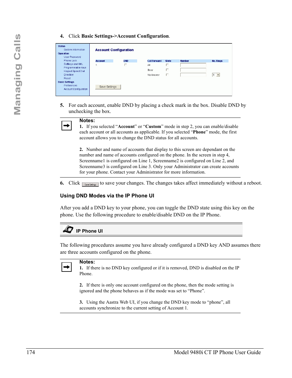 Using dnd modes via the ip phone ui, Managing calls | Aastra Telecom 9480i CT User Manual | Page 184 / 290