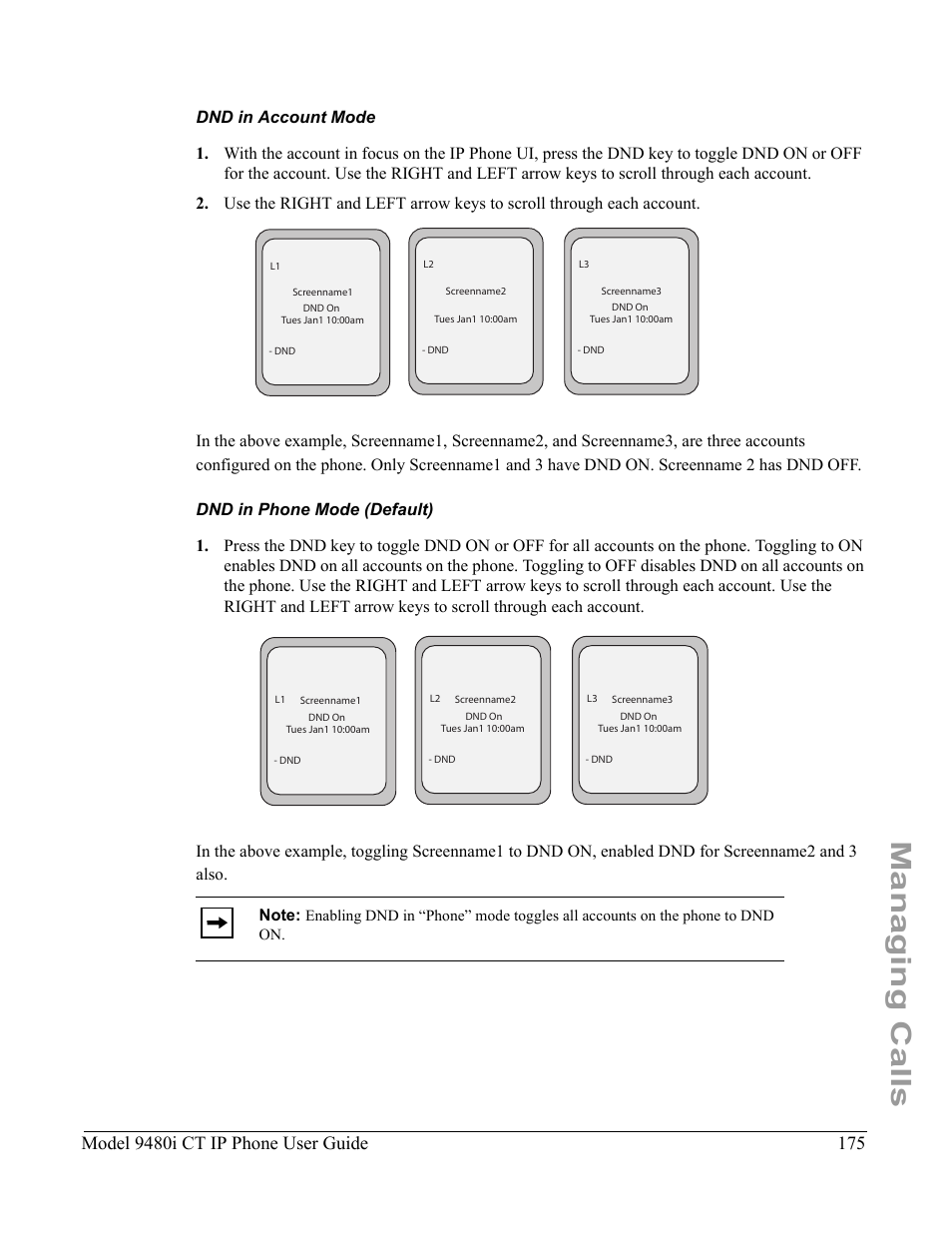 Dnd in account mode, Dnd in phone mode (default), Managing calls | Model 9480i ct ip phone user guide | Aastra Telecom 9480i CT User Manual | Page 185 / 290