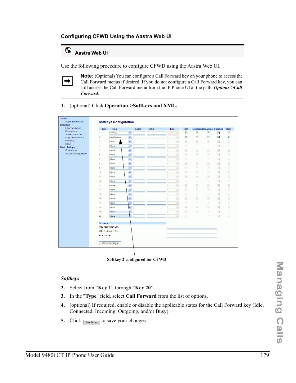 Configuring cfwd using the aastra web ui, Managing calls | Aastra Telecom 9480i CT User Manual | Page 189 / 290