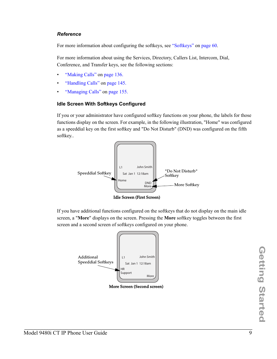 Reference, Idle screen with softkeys configured, Getting started | Aastra Telecom 9480i CT User Manual | Page 19 / 290