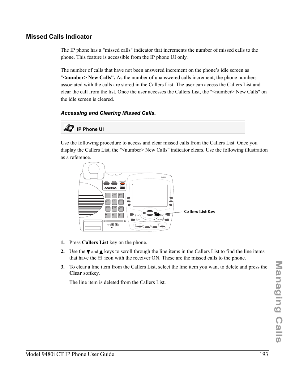 Missed calls indicator, Accessing and clearing missed calls, Managing calls | Model 9480i ct ip phone user guide, 2 and 5, Ip phone ui, Callers list key | Aastra Telecom 9480i CT User Manual | Page 203 / 290