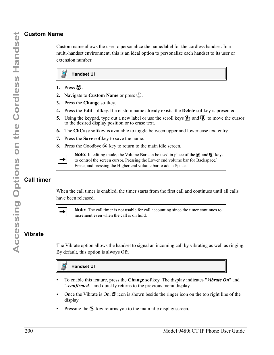 Custom name, Call timer, Vibrate | Custom name call timer vibrate, Accessing options on the cordless handset | Aastra Telecom 9480i CT User Manual | Page 210 / 290