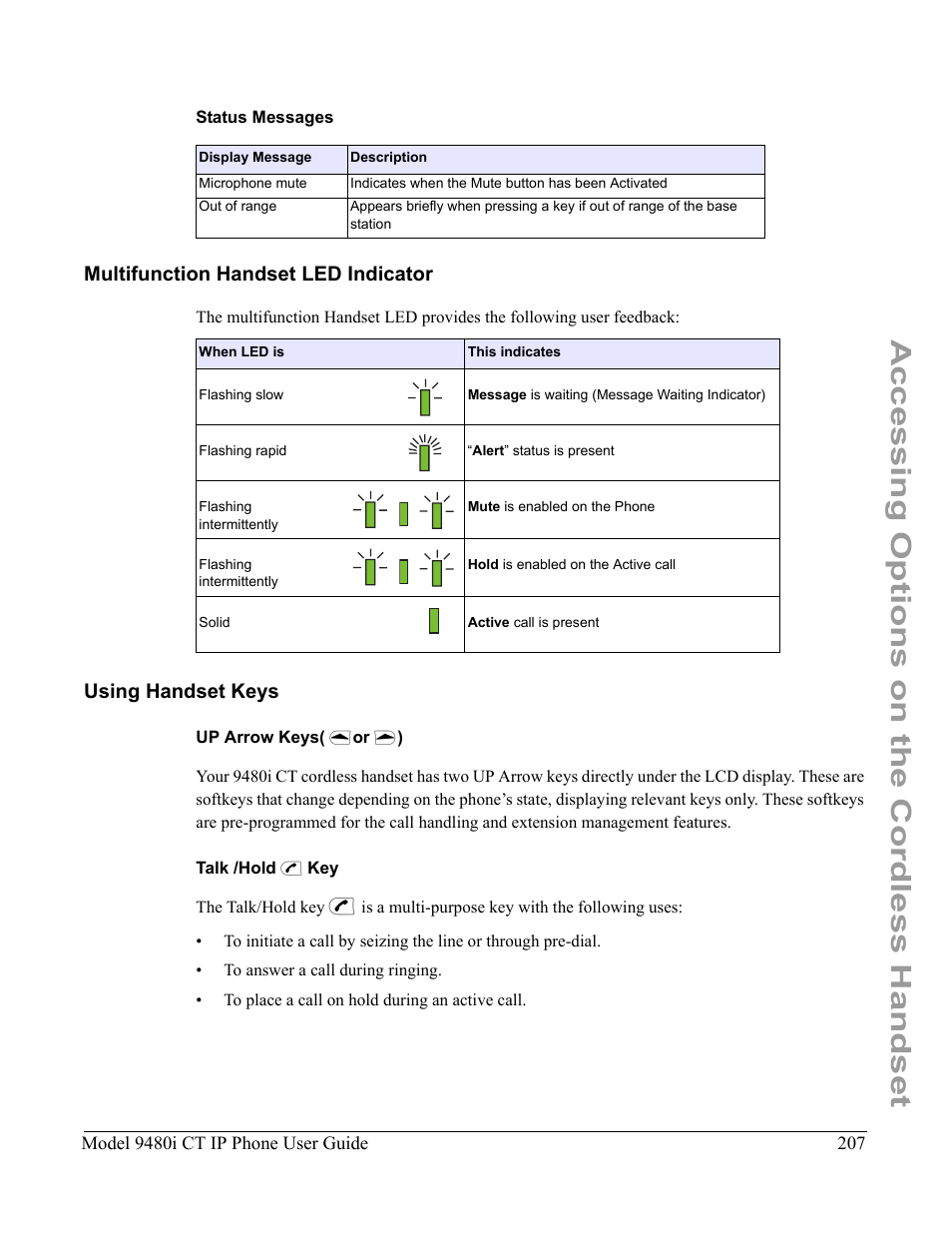 Status messages, Multifunction handset led indicator, Using handset keys | Up arrow keys( {or }), Talk /hold v key, See the section, Accessing options on the cordless handset | Aastra Telecom 9480i CT User Manual | Page 217 / 290
