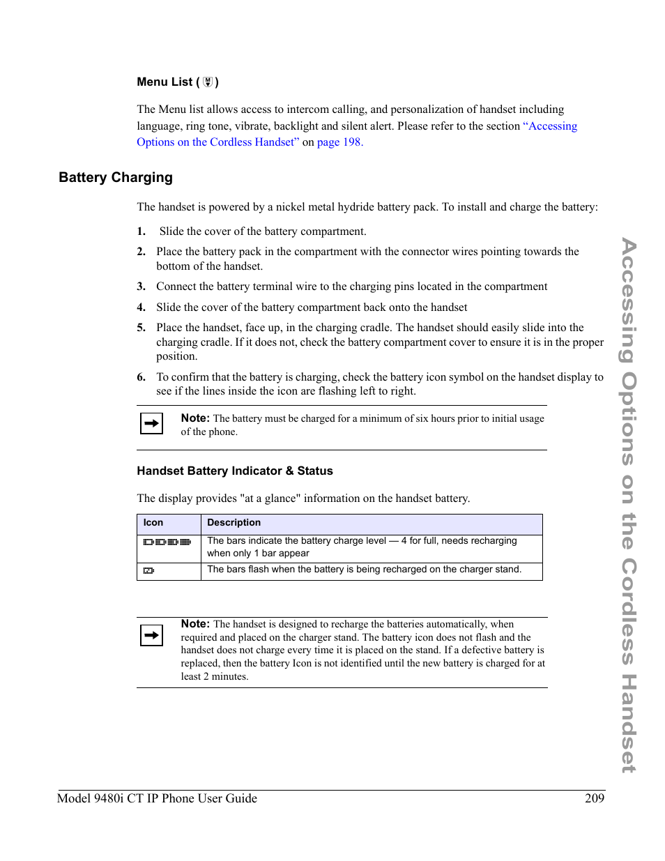 Menu list ( â), Battery charging, Handset battery indicator & status | Accessing options on the cordless handset | Aastra Telecom 9480i CT User Manual | Page 219 / 290