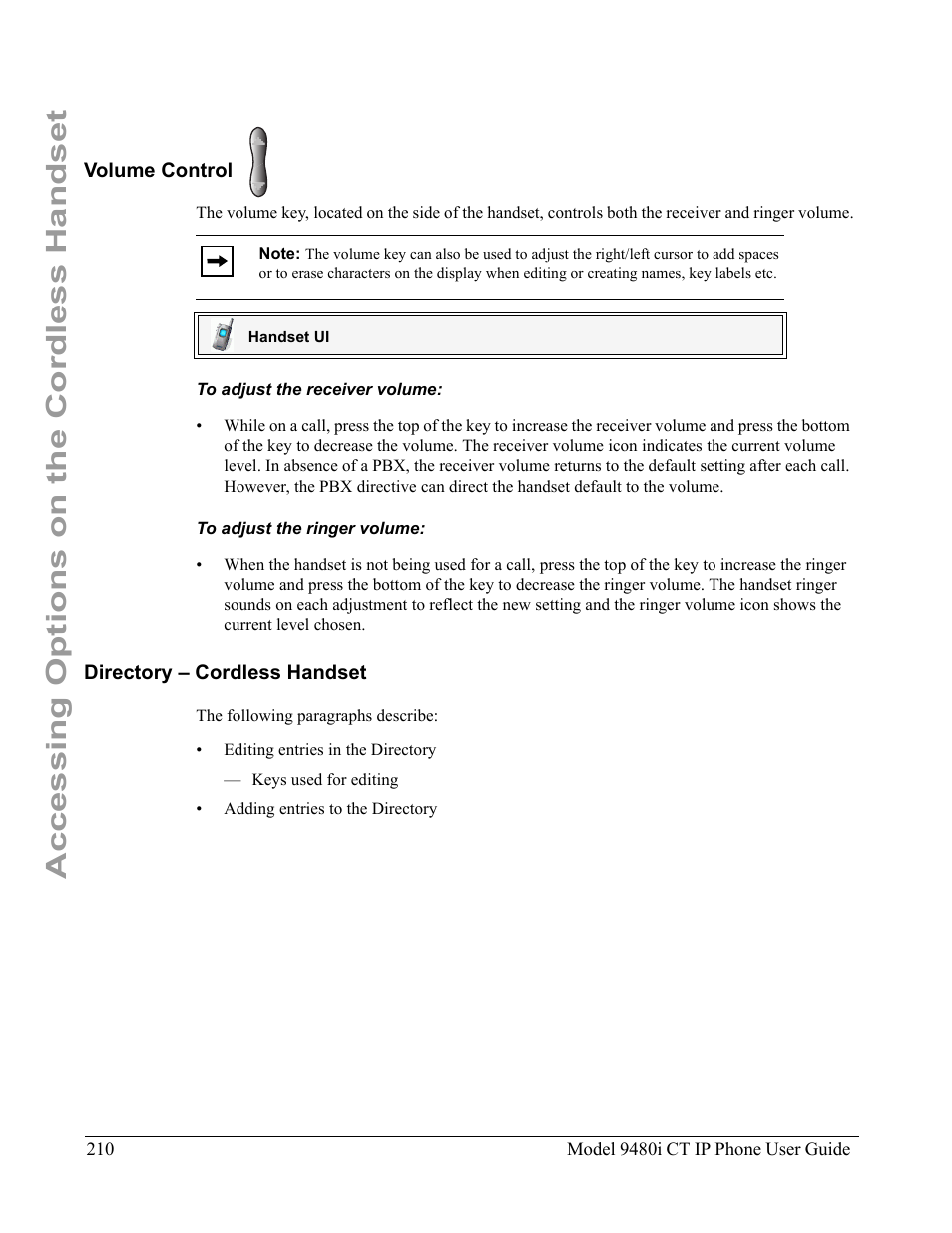 Volume control, To adjust the receiver volume, To adjust the ringer volume | Directory – cordless handset, Volume control directory – cordless handset, Accessing options on the cordless handset | Aastra Telecom 9480i CT User Manual | Page 220 / 290