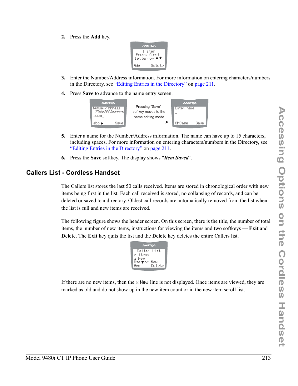 Callers list - cordless handset, Accessing options on the cordless handset | Aastra Telecom 9480i CT User Manual | Page 223 / 290