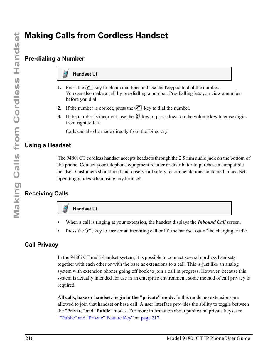 Making calls from cordless handset, Pre-dialing a number, Using a headset | Receiving calls, Call privacy | Aastra Telecom 9480i CT User Manual | Page 226 / 290