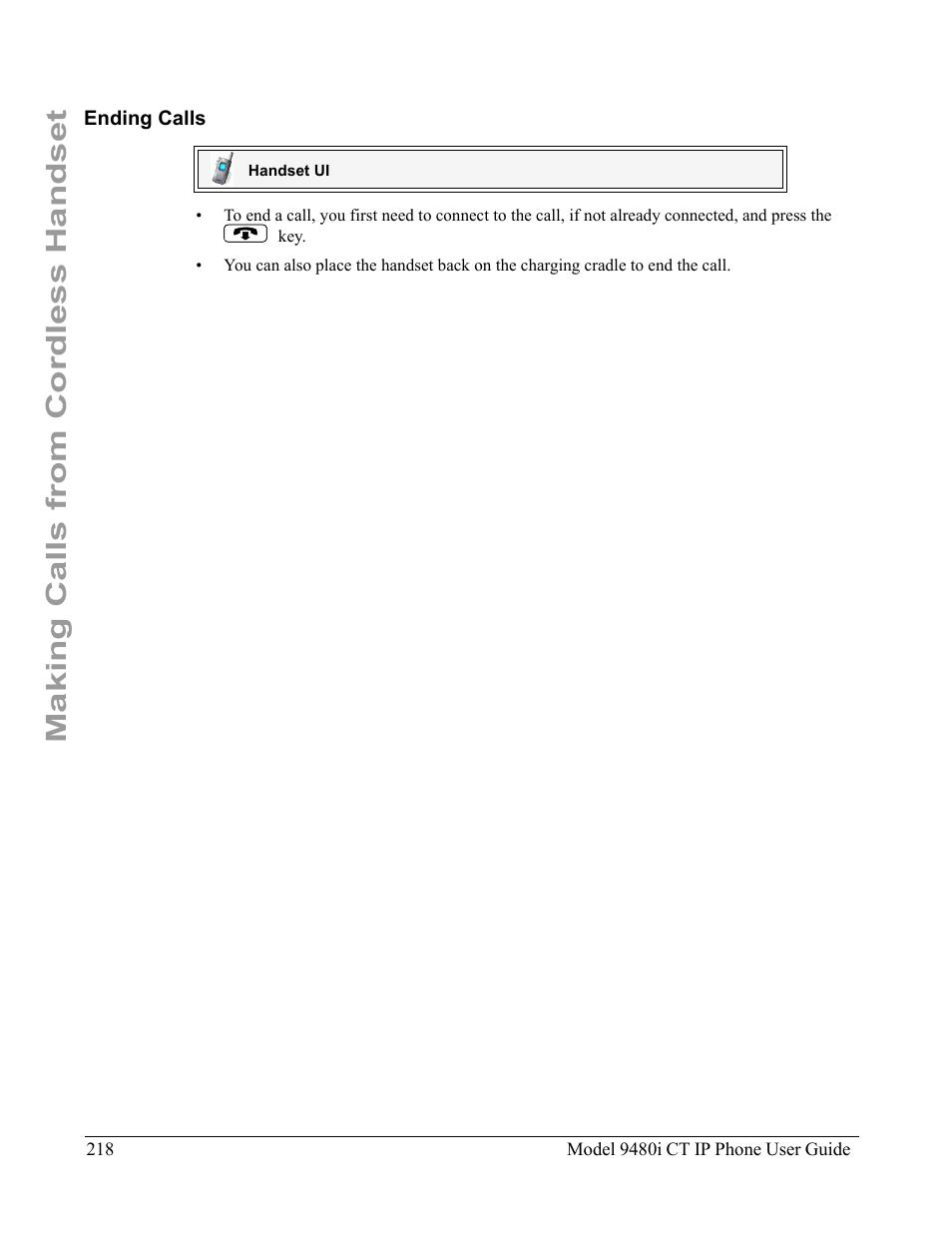 Ending calls, Making calls from cordless handset | Aastra Telecom 9480i CT User Manual | Page 228 / 290