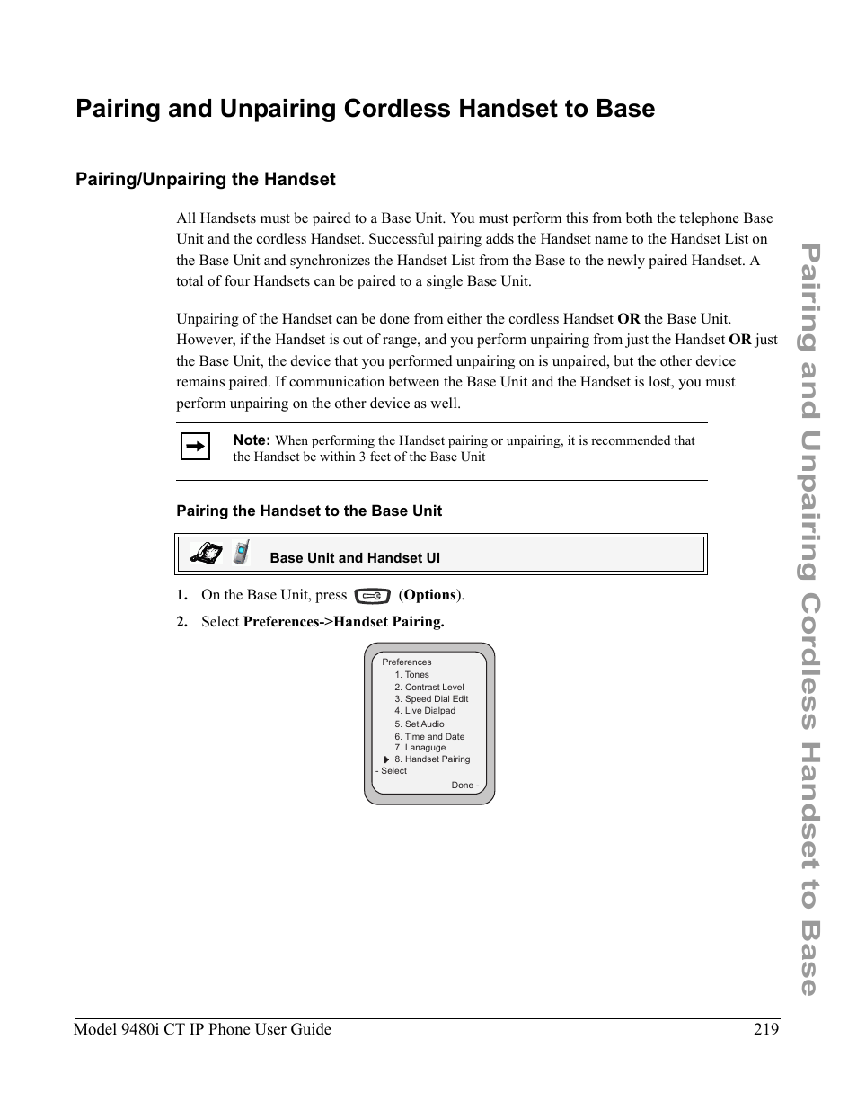 Pairing and unpairing cordless handset to base, Pairing/unpairing the handset, Pairing the handset to the base unit | Aastra Telecom 9480i CT User Manual | Page 229 / 290