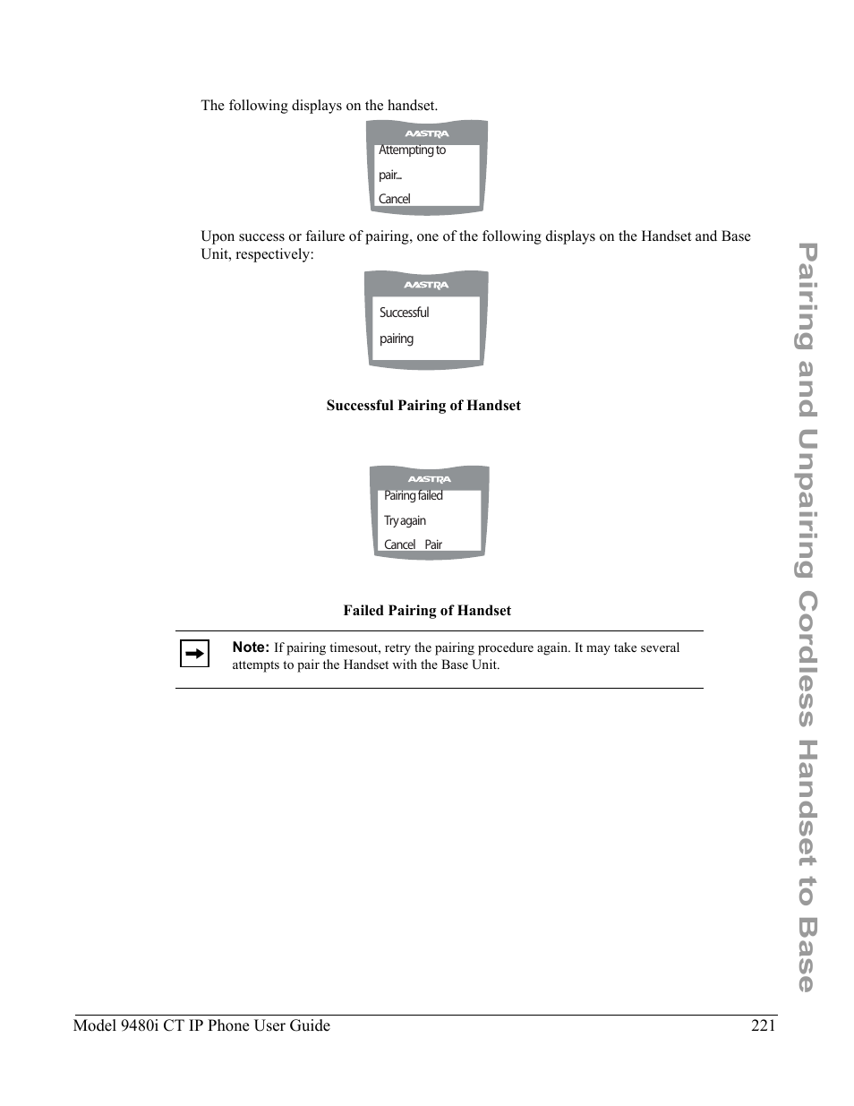 Pairing and unpairing cordless handset to base | Aastra Telecom 9480i CT User Manual | Page 231 / 290