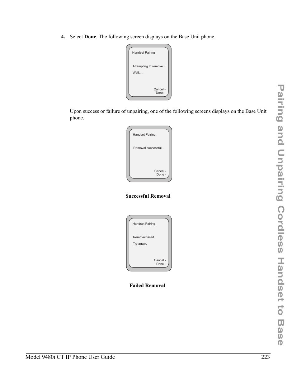 Pairing and unpairing cordless handset to base, Model 9480i ct ip phone user guide | Aastra Telecom 9480i CT User Manual | Page 233 / 290