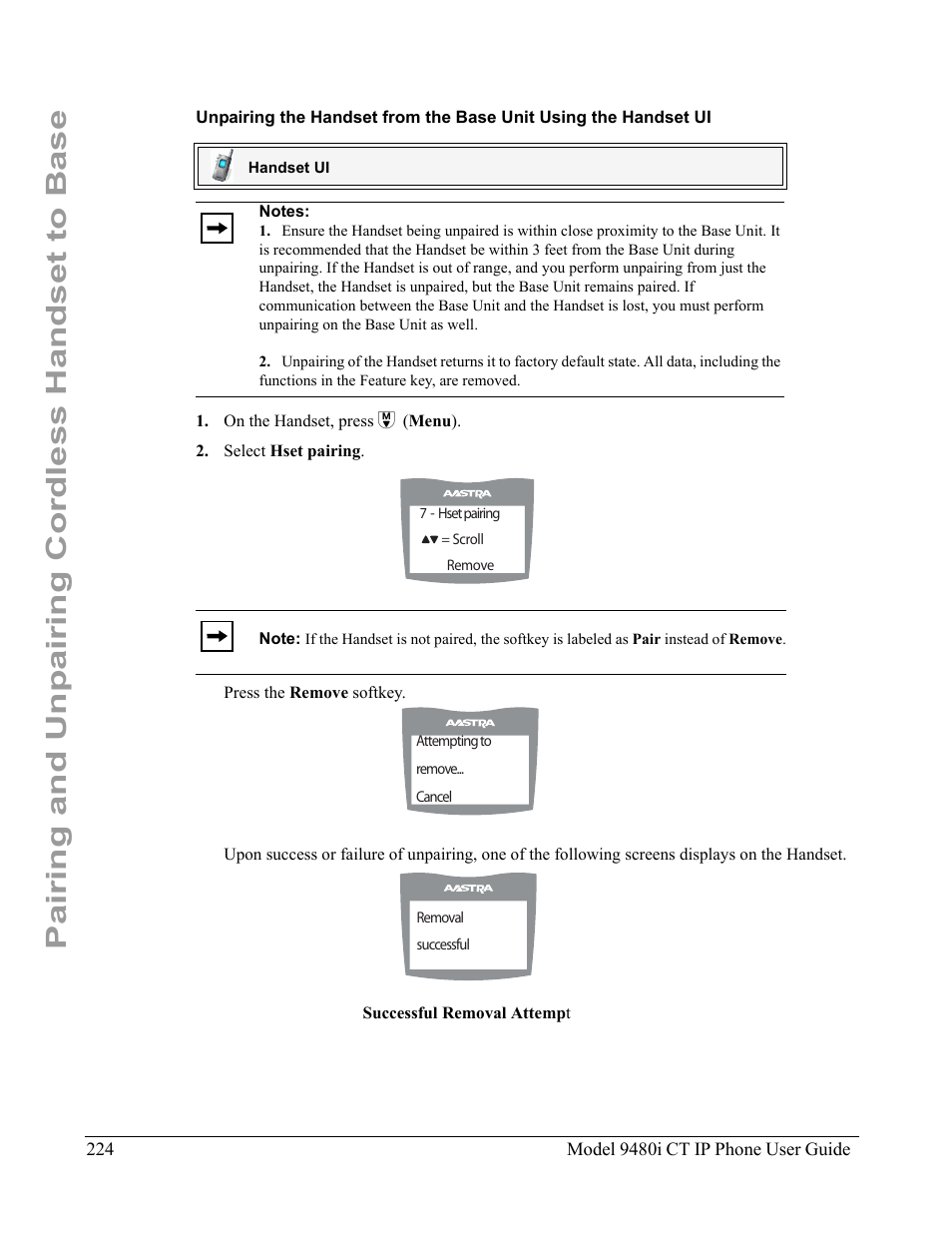 Pairing and unpairing cordless handset to base | Aastra Telecom 9480i CT User Manual | Page 234 / 290