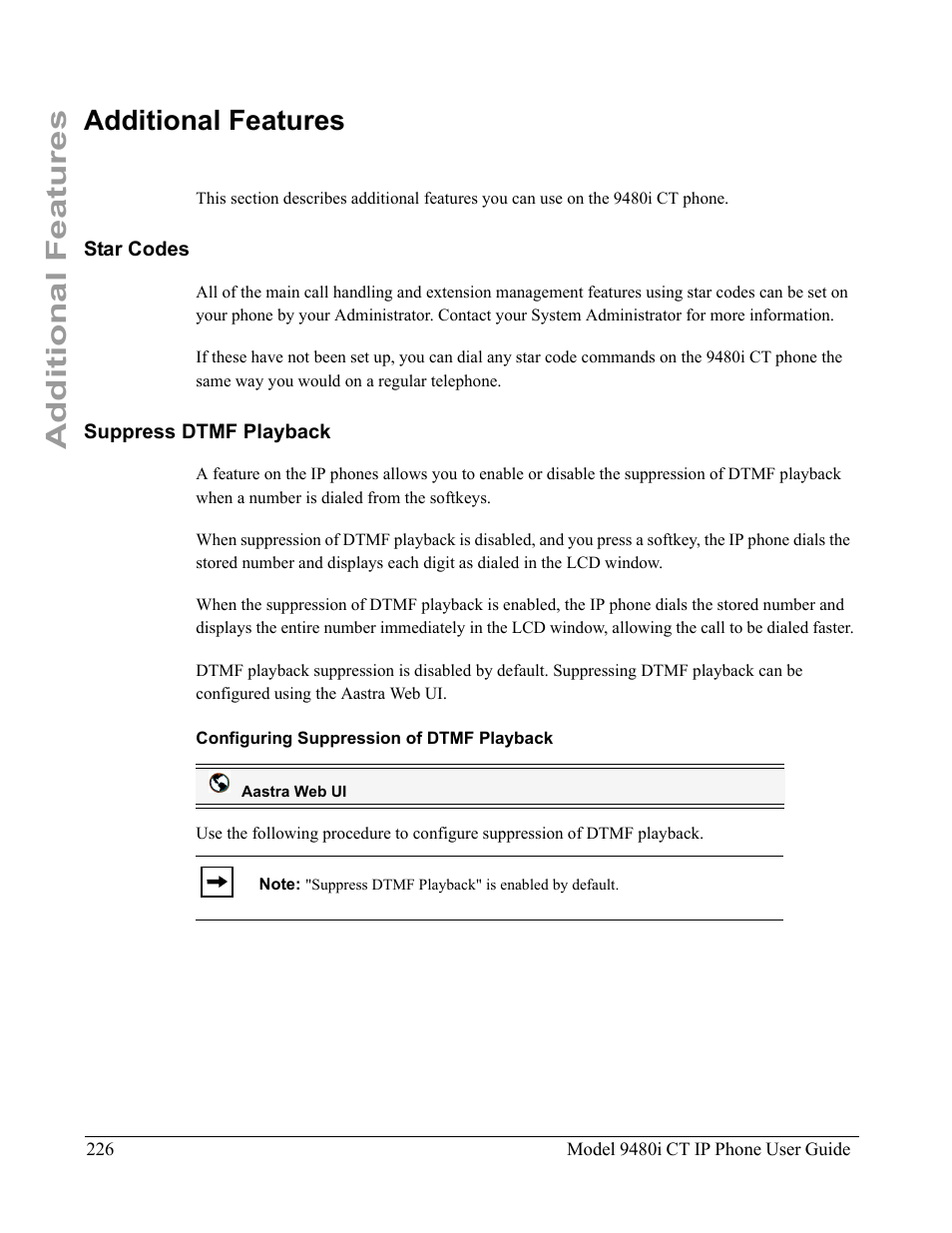 Additional features, Star codes, Suppress dtmf playback | Configuring suppression of dtmf playback, Star codes suppress dtmf playback | Aastra Telecom 9480i CT User Manual | Page 236 / 290