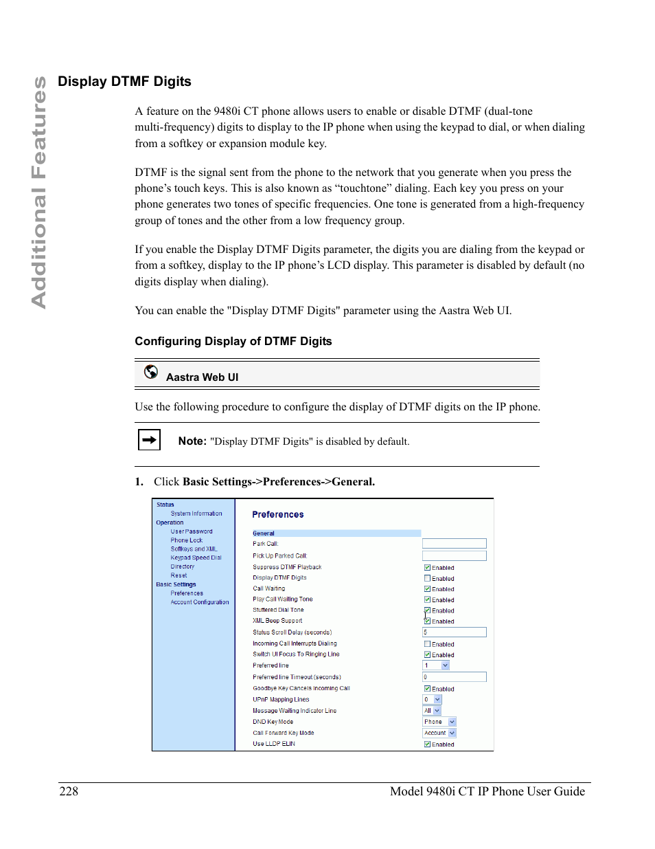 Display dtmf digits, Configuring display of dtmf digits, Additional features | Aastra Telecom 9480i CT User Manual | Page 238 / 290