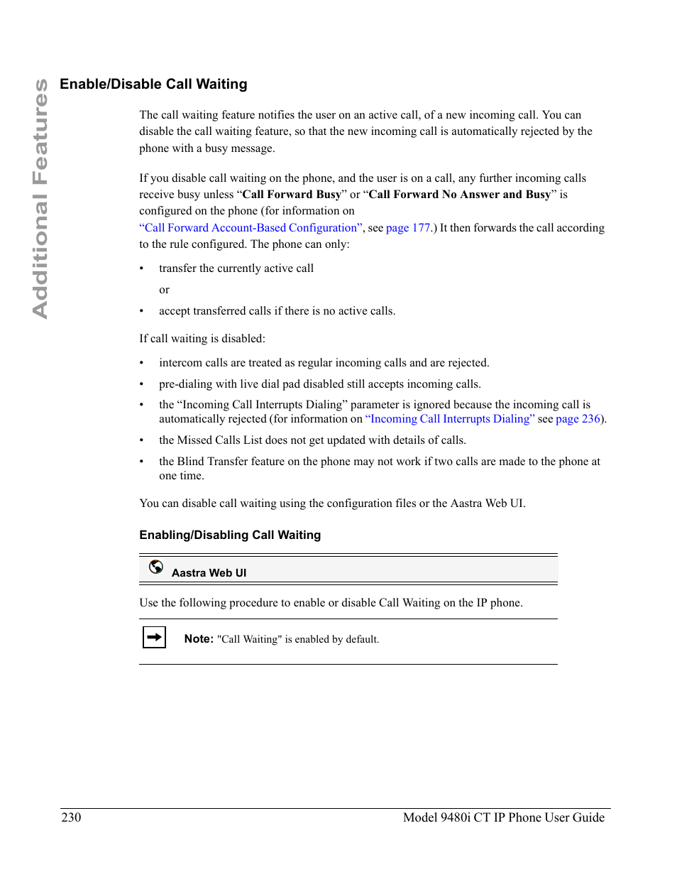 Enable/disable call waiting, Enabling/disabling call waiting, Additional features | Aastra Telecom 9480i CT User Manual | Page 240 / 290