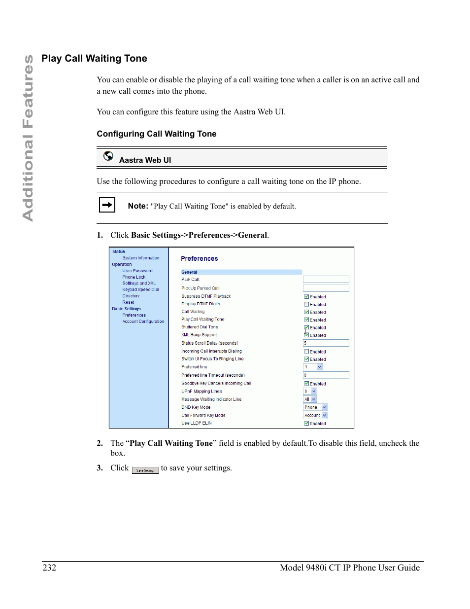 Play call waiting tone, Configuring call waiting tone, Additional features | Aastra Telecom 9480i CT User Manual | Page 242 / 290