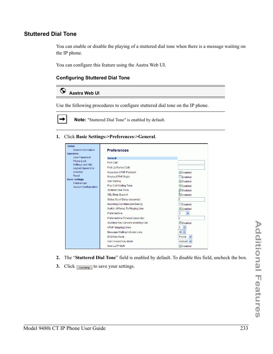 Stuttered dial tone, Configuring stuttered dial tone, Additional features | Aastra Telecom 9480i CT User Manual | Page 243 / 290