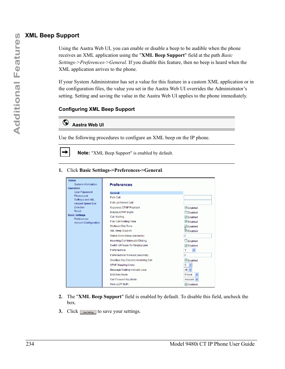 Xml beep support, Configuring xml beep support, Additional features | Aastra Telecom 9480i CT User Manual | Page 244 / 290