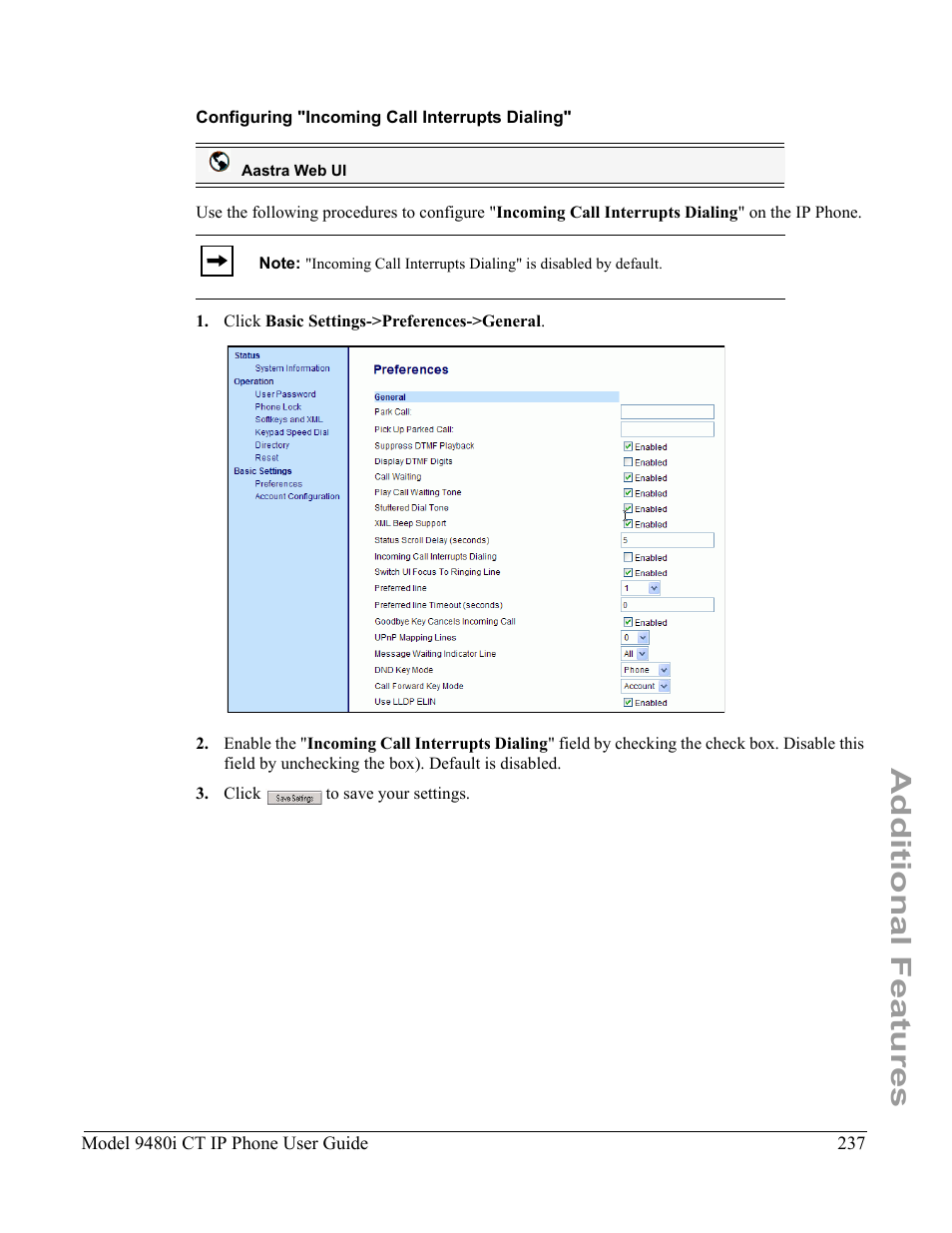 Configuring "incoming call interrupts dialing, Additional features | Aastra Telecom 9480i CT User Manual | Page 247 / 290