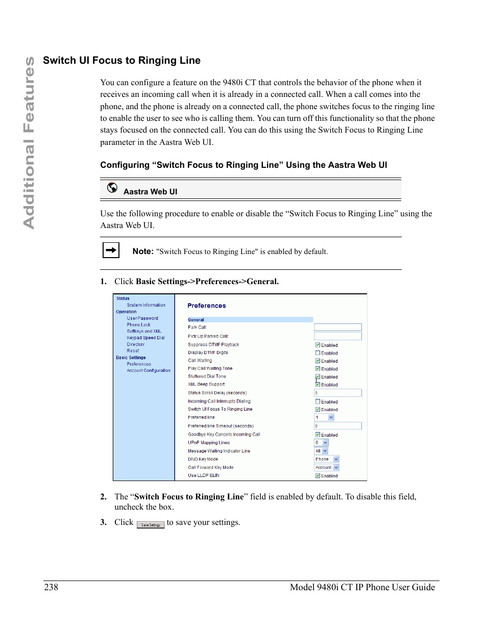 Switch ui focus to ringing line, Additional features | Aastra Telecom 9480i CT User Manual | Page 248 / 290