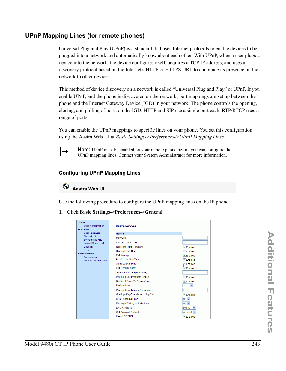Upnp mapping lines (for remote phones), Configuring upnp mapping lines, Additional features | Aastra Telecom 9480i CT User Manual | Page 253 / 290