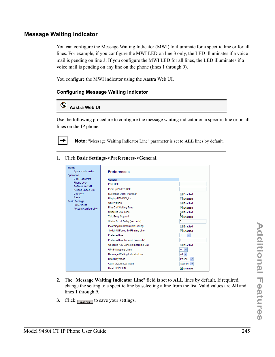 Message waiting indicator, Configuring message waiting indicator, Additional features | Aastra Telecom 9480i CT User Manual | Page 255 / 290