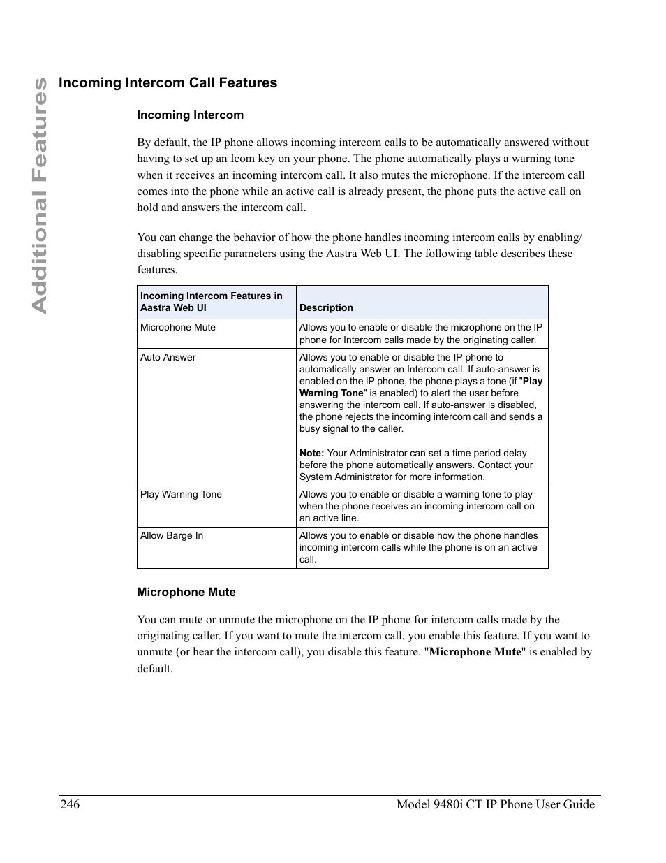 Incoming intercom call features, Incoming intercom, Microphone mute | Additional features | Aastra Telecom 9480i CT User Manual | Page 256 / 290
