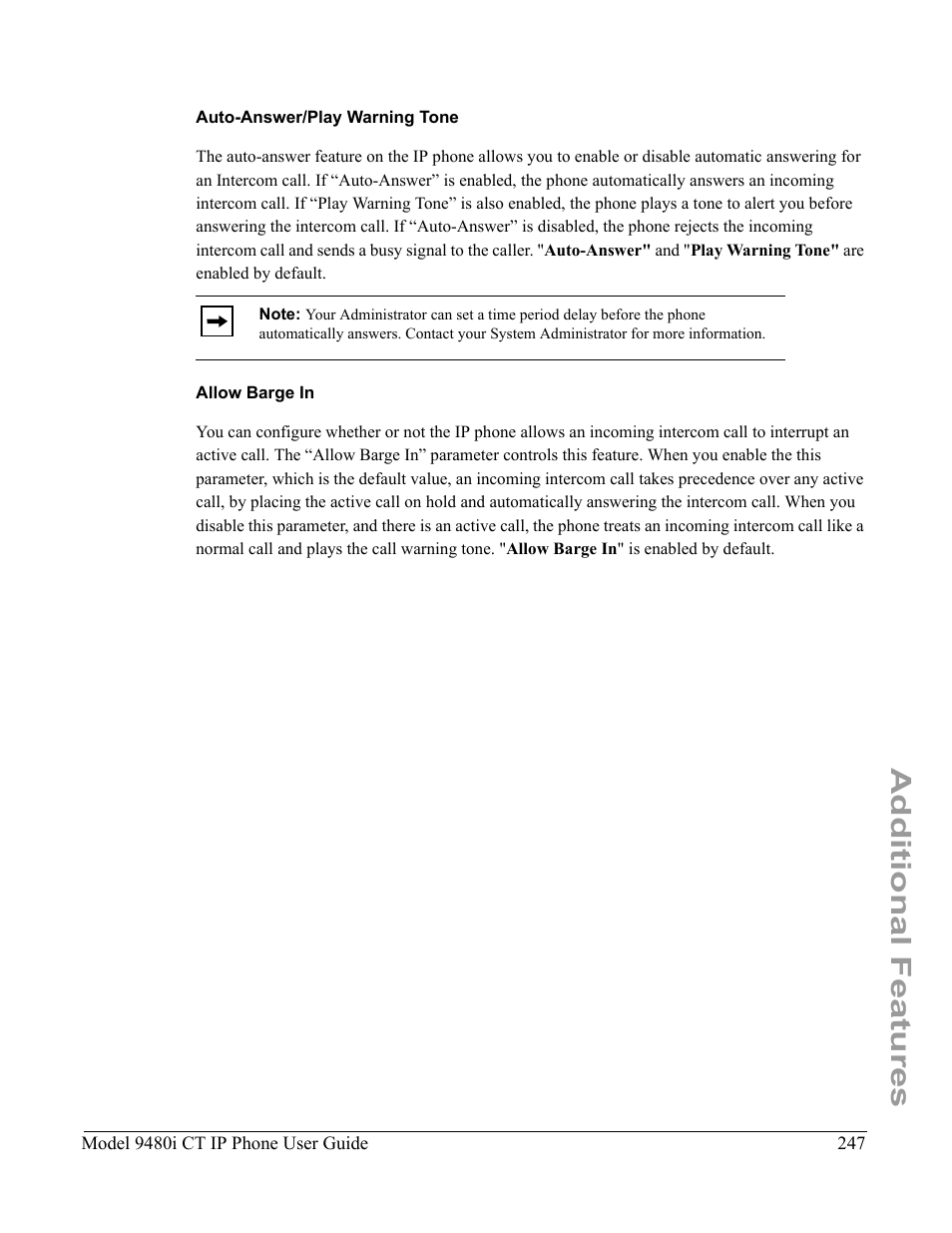 Auto-answer/play warning tone, Allow barge in, Additional features | Aastra Telecom 9480i CT User Manual | Page 257 / 290