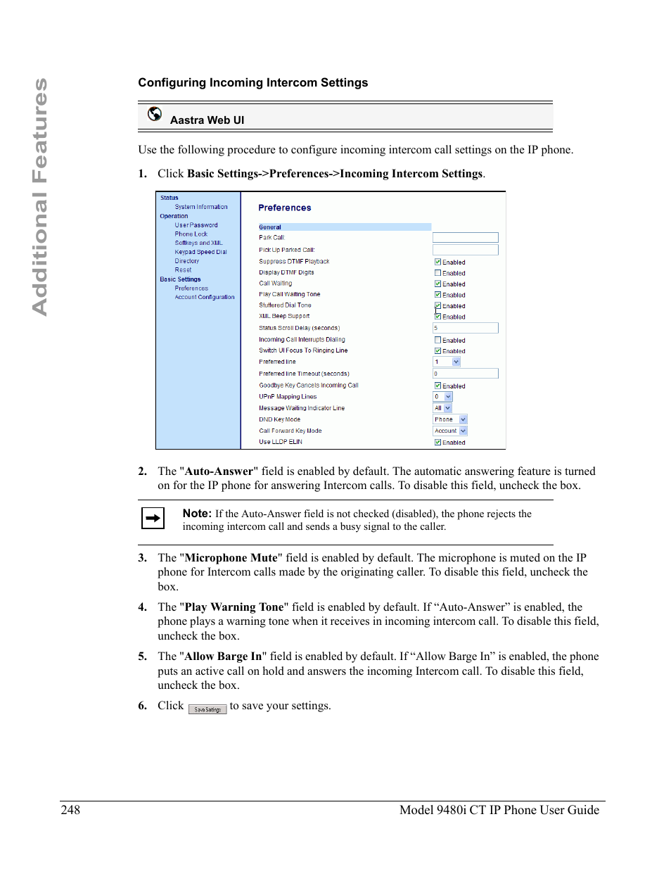 Configuring incoming intercom settings, Additional features | Aastra Telecom 9480i CT User Manual | Page 258 / 290
