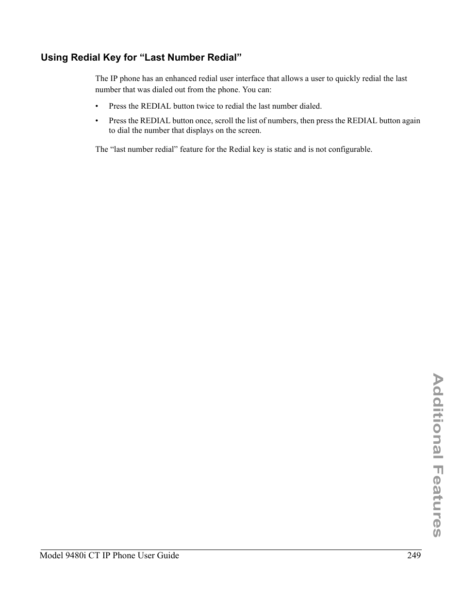 Using redial key for “last number redial, Additional features | Aastra Telecom 9480i CT User Manual | Page 259 / 290