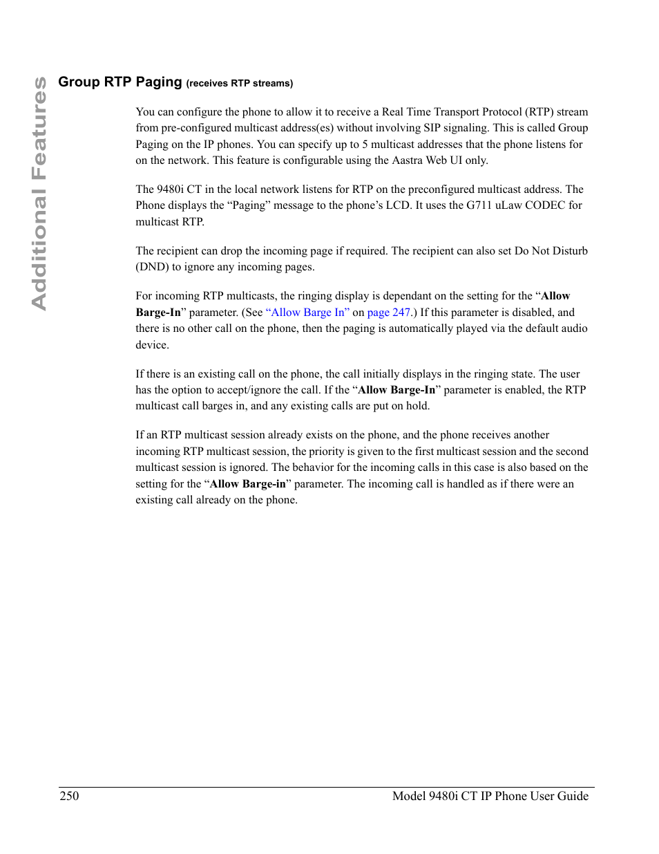 Group rtp paging (receives rtp streams), Additional features | Aastra Telecom 9480i CT User Manual | Page 260 / 290